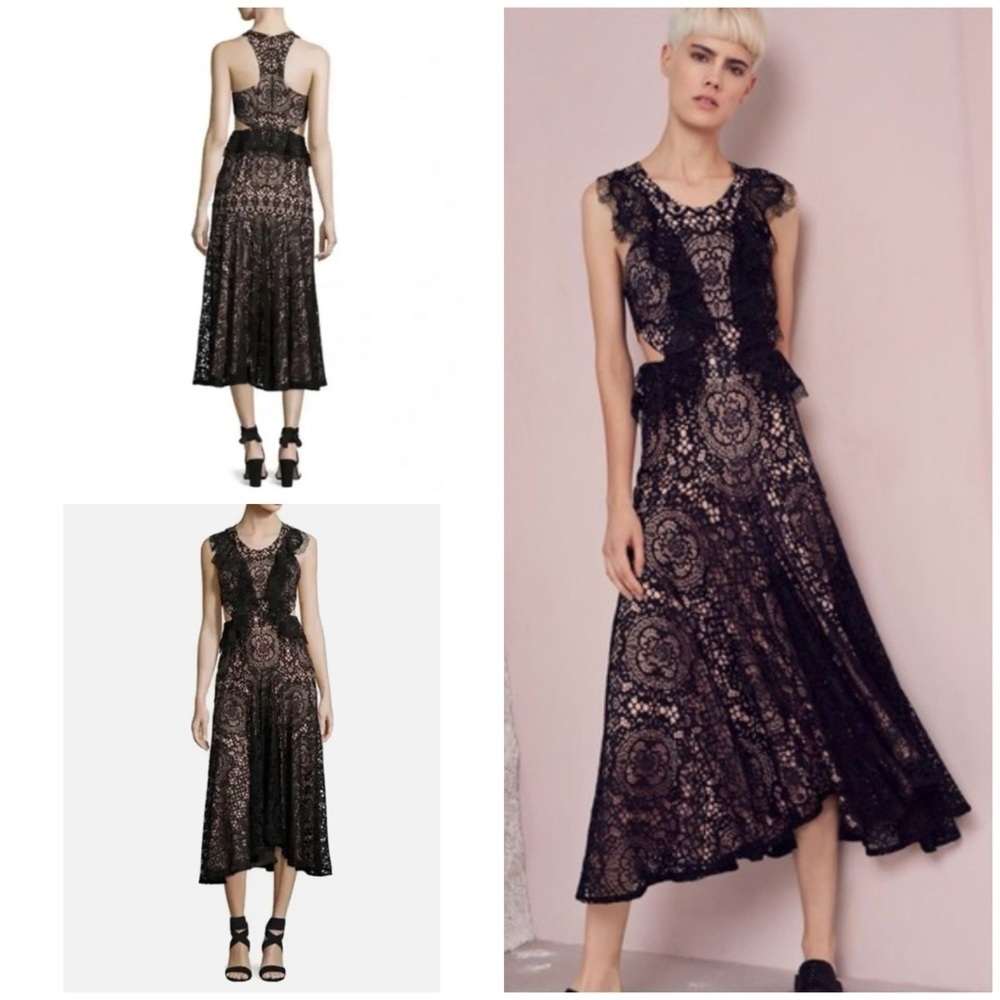 Euc Alexis Aldridge Lace Ruffle Side Cut Out Black Cocktail Party Midi Dress S